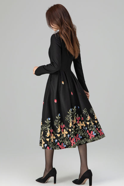 Black Wool Midi Dress - Floral Embroidery, Pleated A-Line Skirt 6397