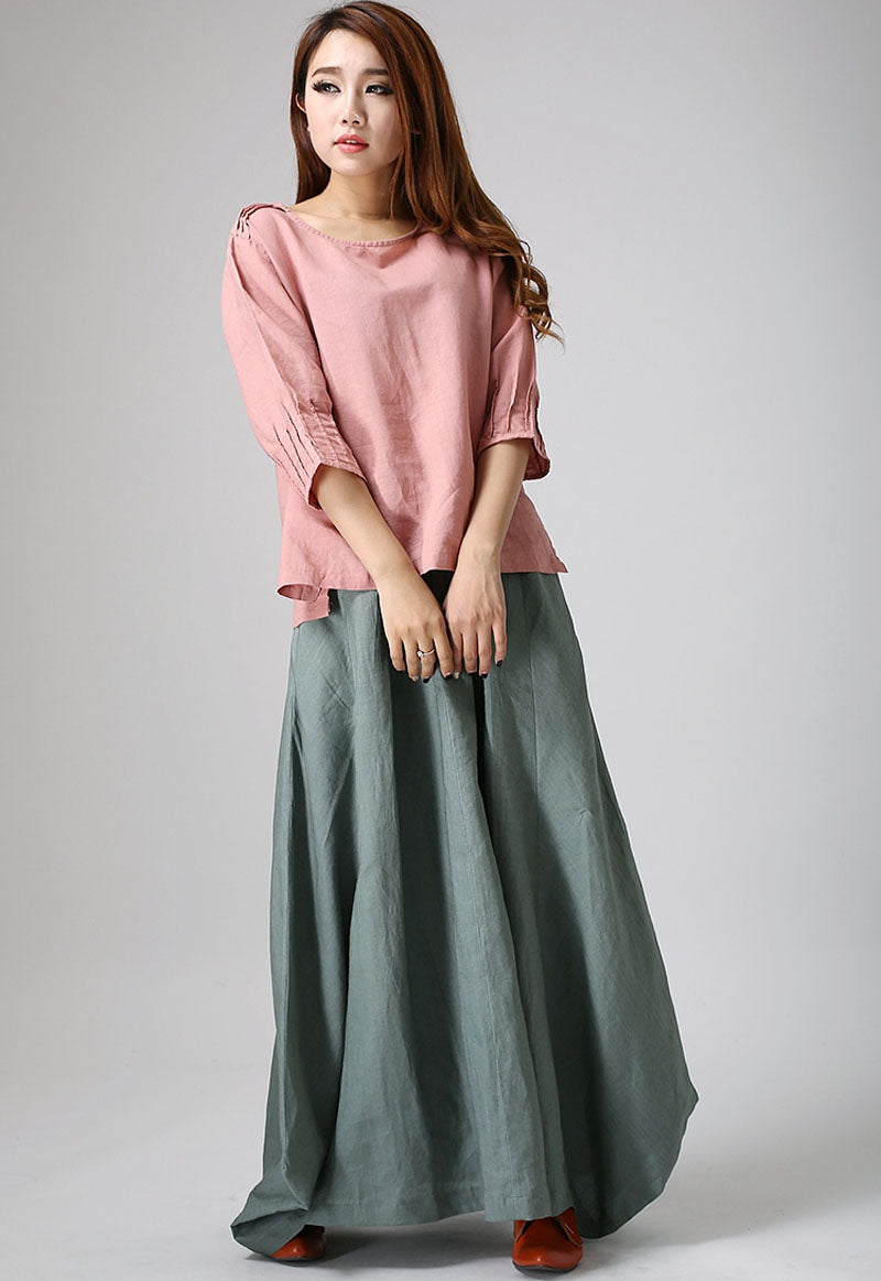 Sage Green Linen Cotton Maxi Skirt – Handmade Flowy Boho Long Skirt | Xiaolizi 914