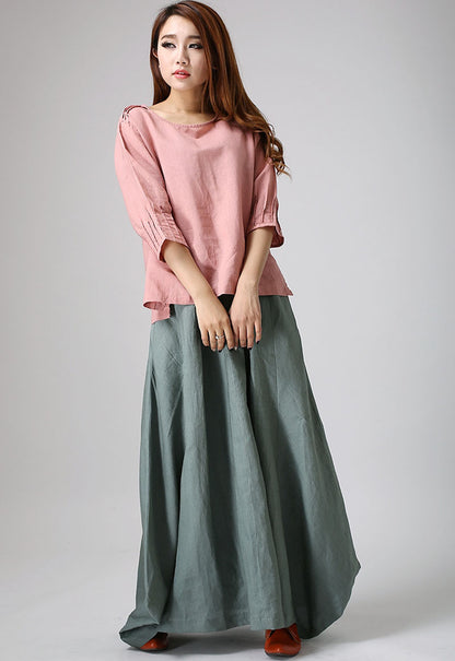 Sage Green Linen Cotton Maxi Skirt – Handmade Flowy Boho Long Skirt | Xiaolizi 914