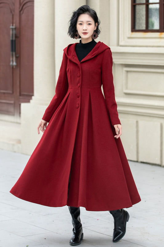 Long swing red winter wool coat women 5346