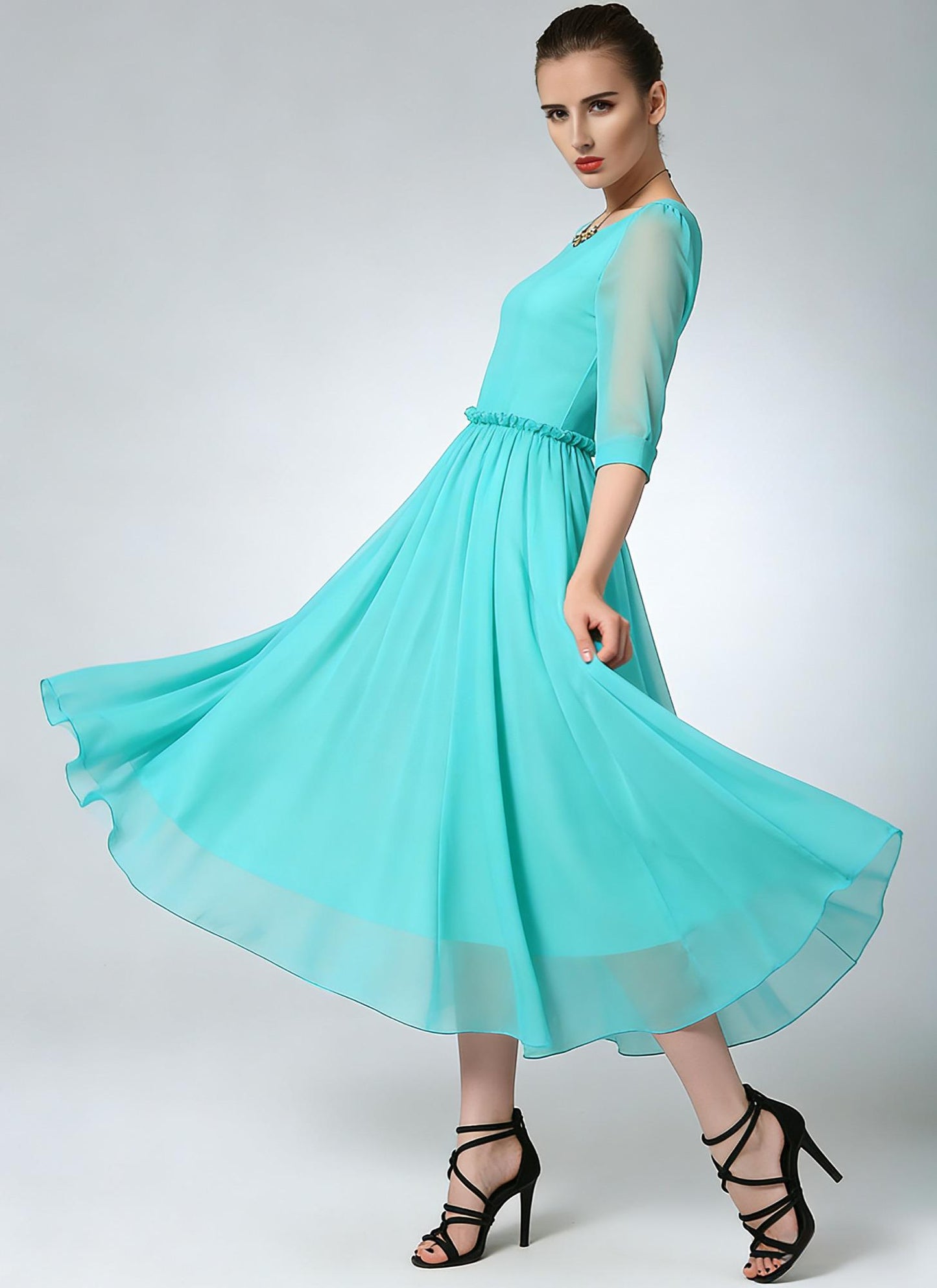 Blue Chiffon Midi Dress – Ruffle Waist Elegance | Xiaolizi 6783