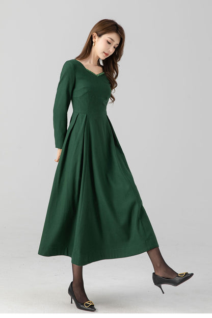 Green fit and flare midi wool dress women 4670