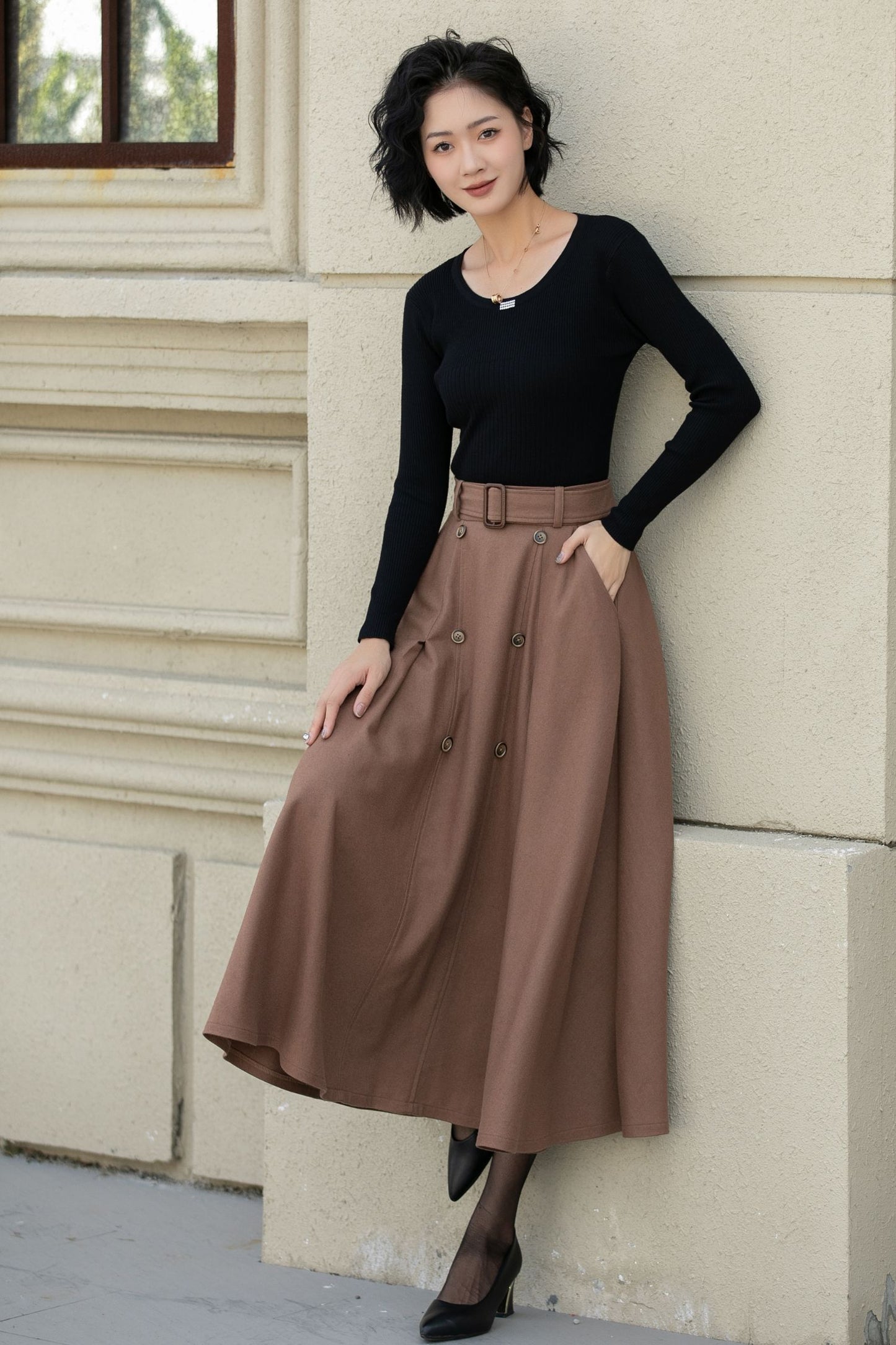 Brown button front a line wool skirt 5453