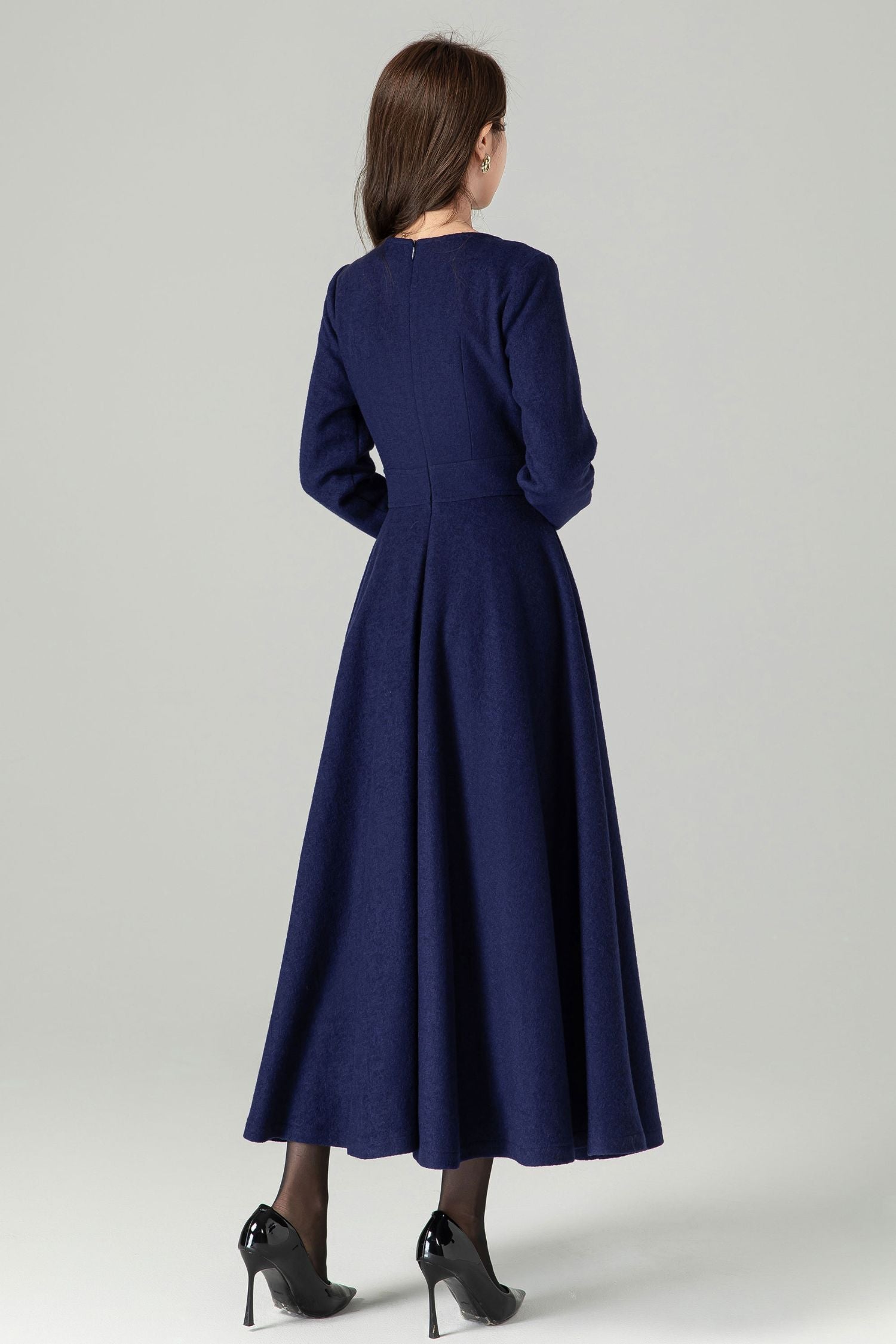 Navy Wool Midi Dress Handmade Fit & Flare Winter Elegance 4493 Navy / L Navy Wool Midi Dress Handmade Fit & Flare Winter Elegance 4493 Navy / L