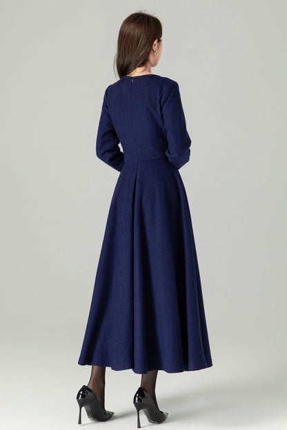 Navy Blue Wool Blend Midi Dress – Handmade Fit & Flare Winter Elegance 4493