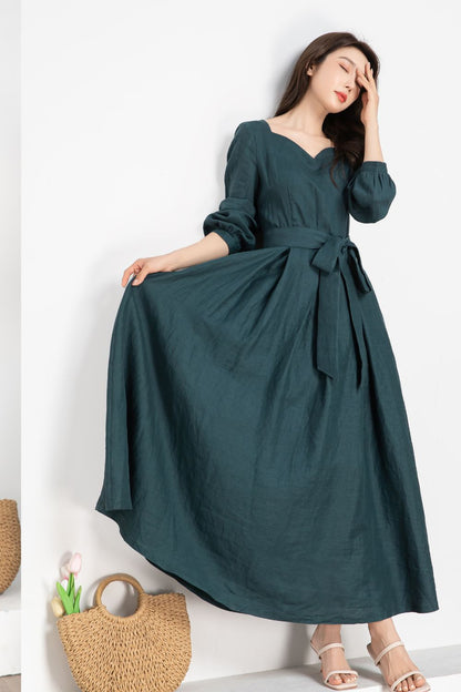 Teal Linen Maxi Dress - A-Line Silhouette with Waist Tie 5639