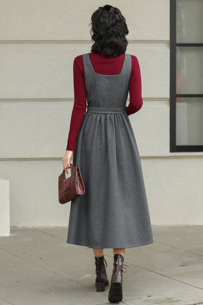 Gray Wool Midi Dress - Sleeveless Swing Silhouette with Belt 6427