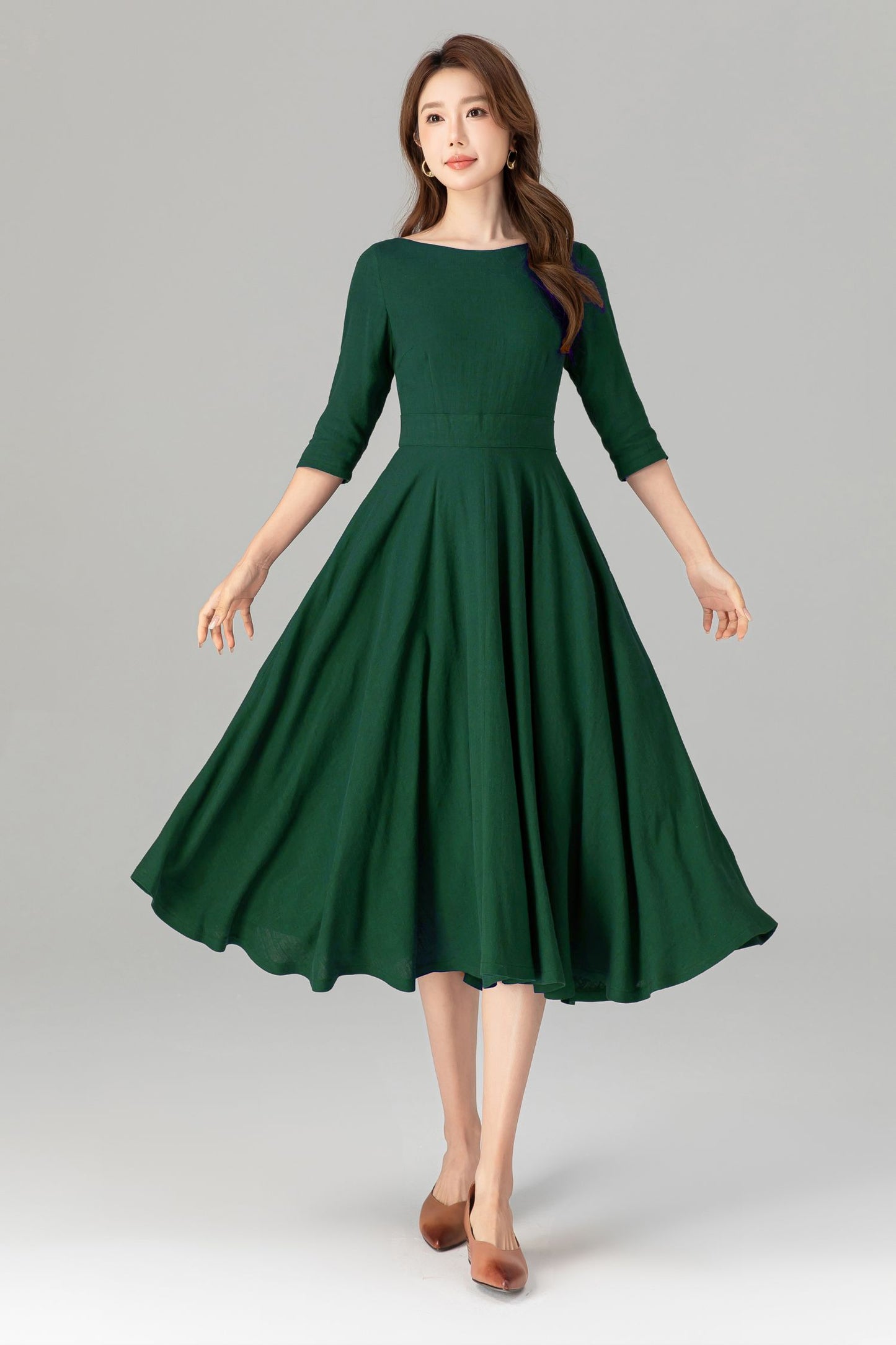 Handmade Green Linen Cotton Midi Dress – Classic Fit & Flare with Pockets 5580