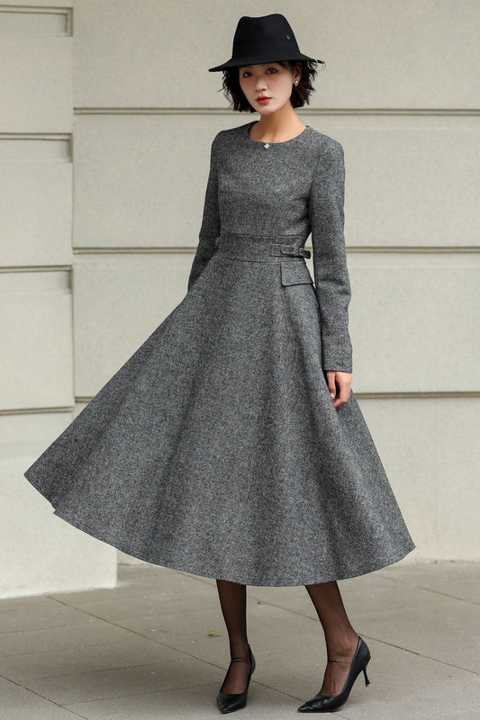 Classic Gray Fit And Flare Wool Dress 6530