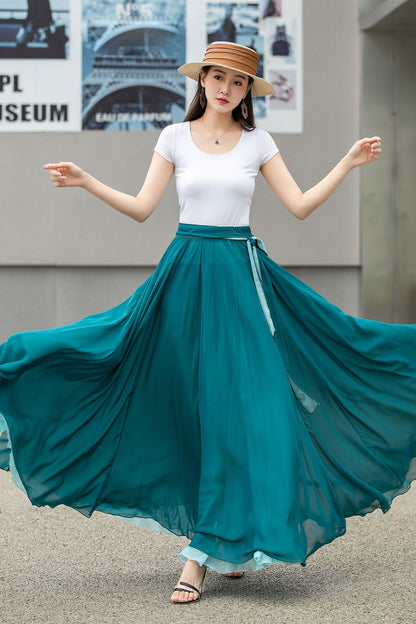 Blue Long Chiffon Maxi Skirt Women 4270