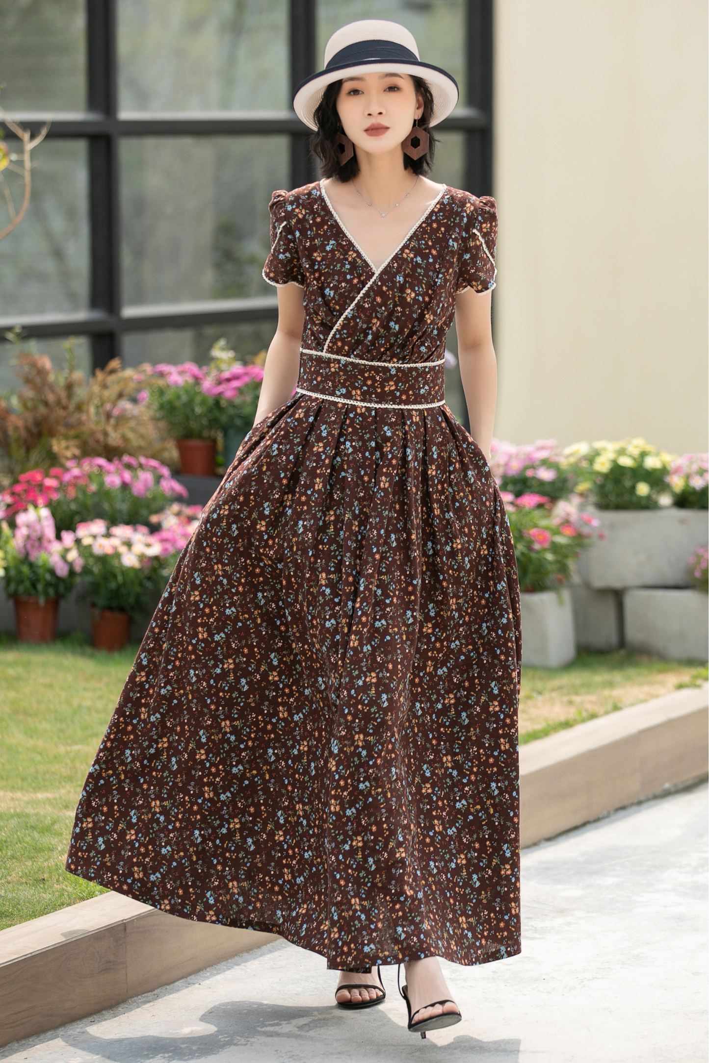 Vintage Floral Linen Cotton Maxi Dress – Puff Sleeve Wedding Floral / Custom Order