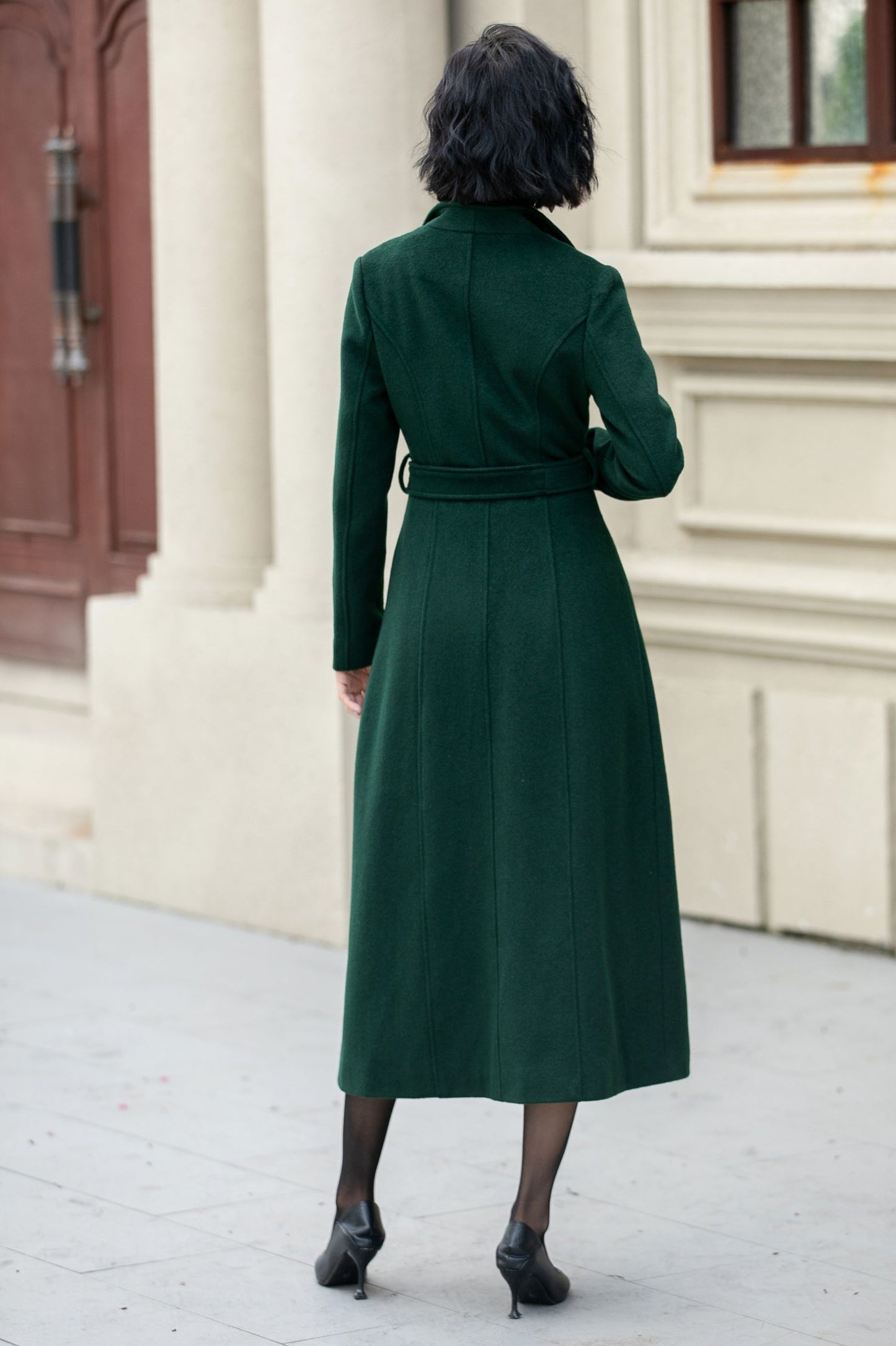 Green long wool trench coat women 5350