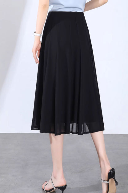 Green Chiffon A-Line Midi Skirt - Flowy Swing Silhouette 6129
