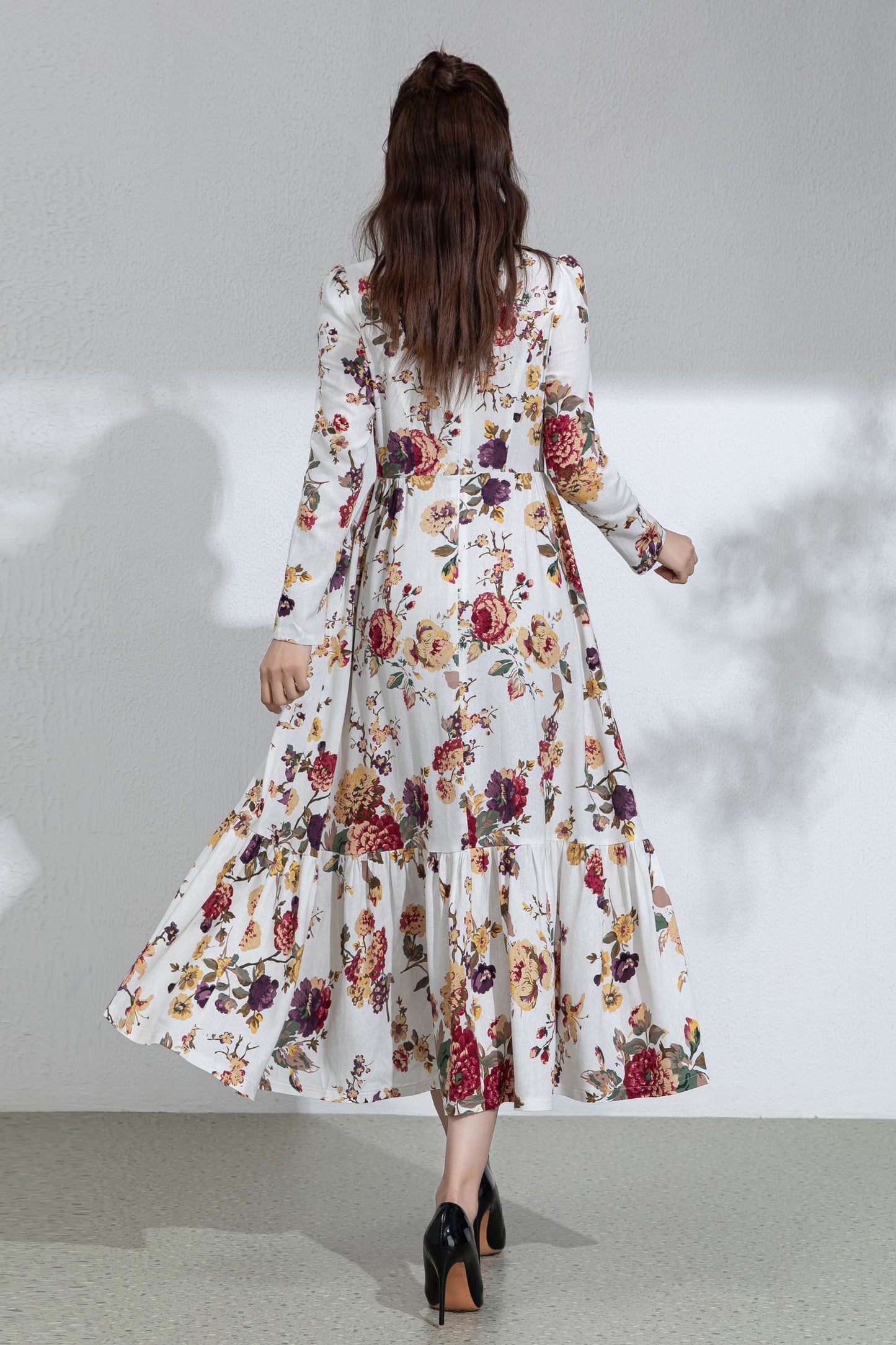 Floral Cotton Linen Maxi Dress: Ruffle High Neck Long Sleeve Dress 6713
