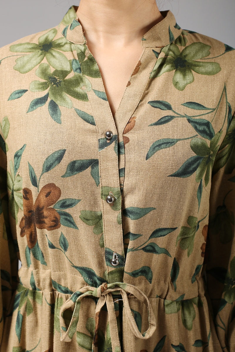 Handmade Floral Linen Shirt Dress – Vintage Drawstring Maxi Dress | Xiaolizi 696