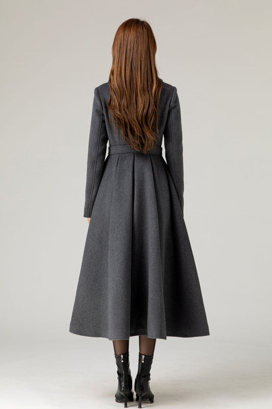 Handmade Charcoal Grey Wool Coat – Vintage Tailored A-line Long Winter Overcoat | Xiaolizi  5479