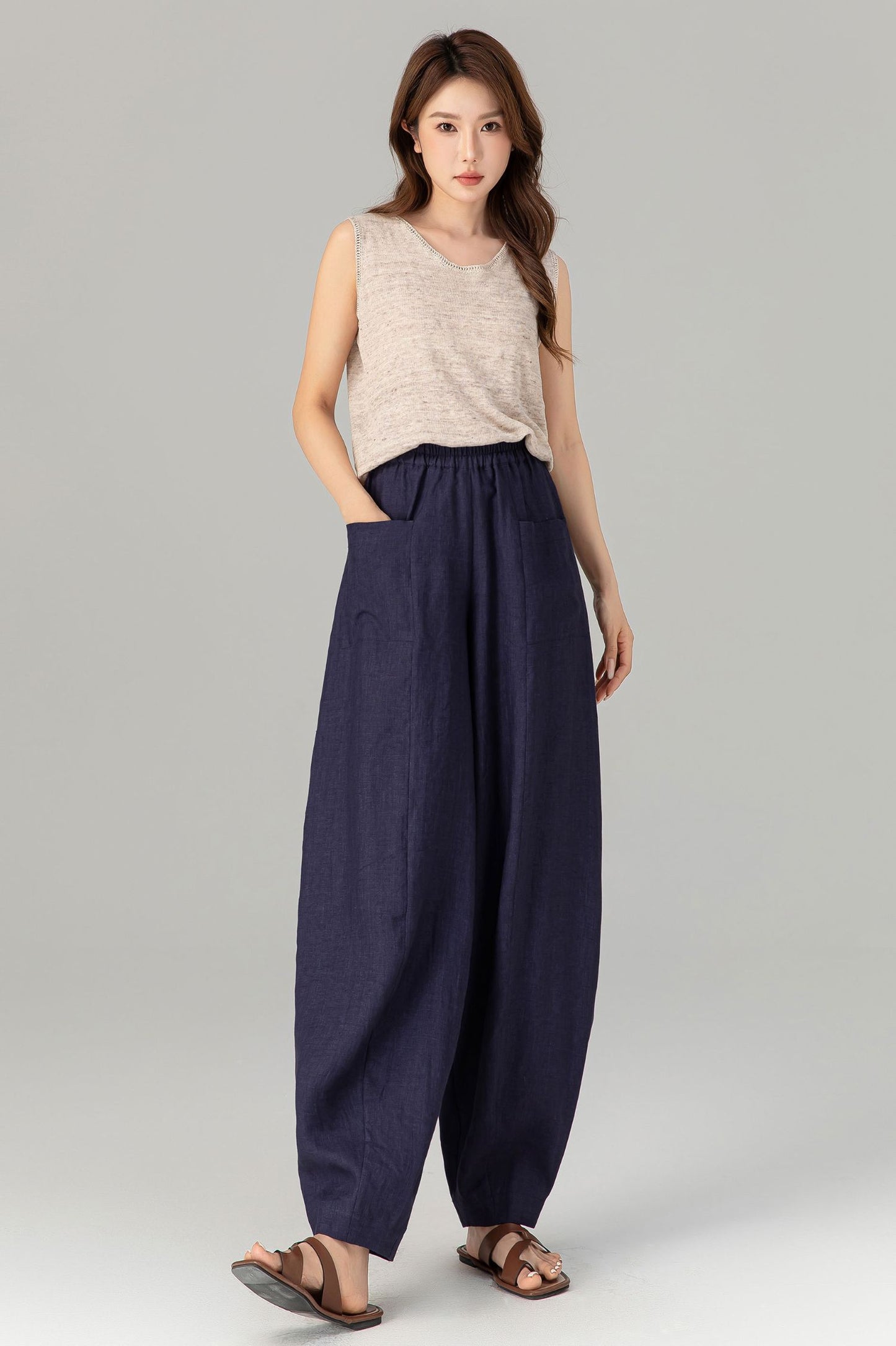 Loose fitting wide leg long linen pants 4907