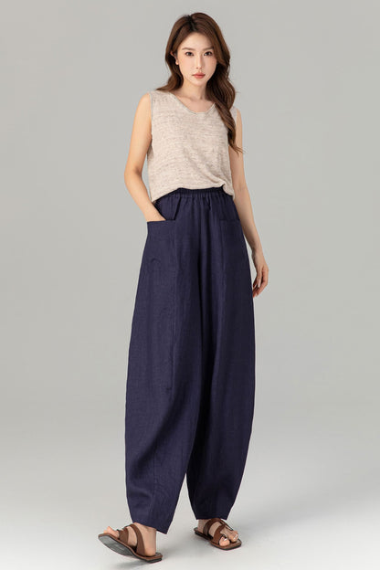 Navy Linen Cotton Wide Leg Pants - Lantern Silhouette with Pockets 4907