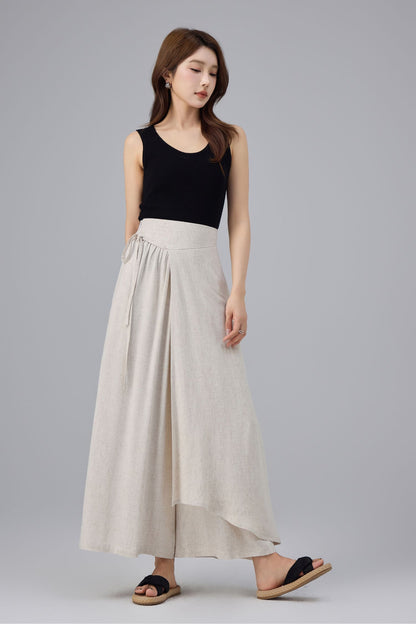 Beige Linen Cotton Wrap Pant - Wide Leg, Tie Belt Design | Xiaolizi 6763