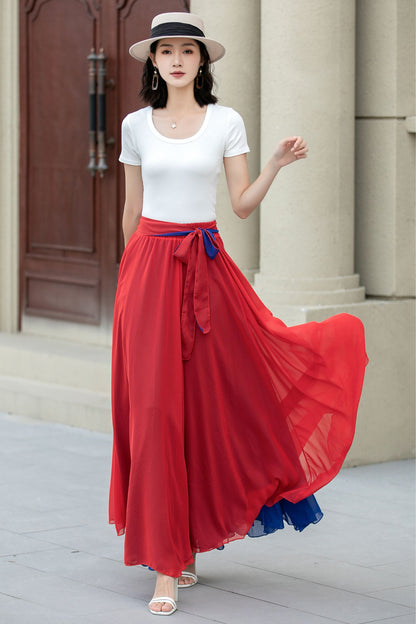 Red Chiffon Ankle-Length Skirt - Elastic Waist with Belt 5108