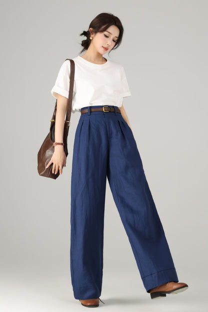 Blue Linen Cotton Wide Leg Pants - Palazzo High Rise | Xiaolizi 5758