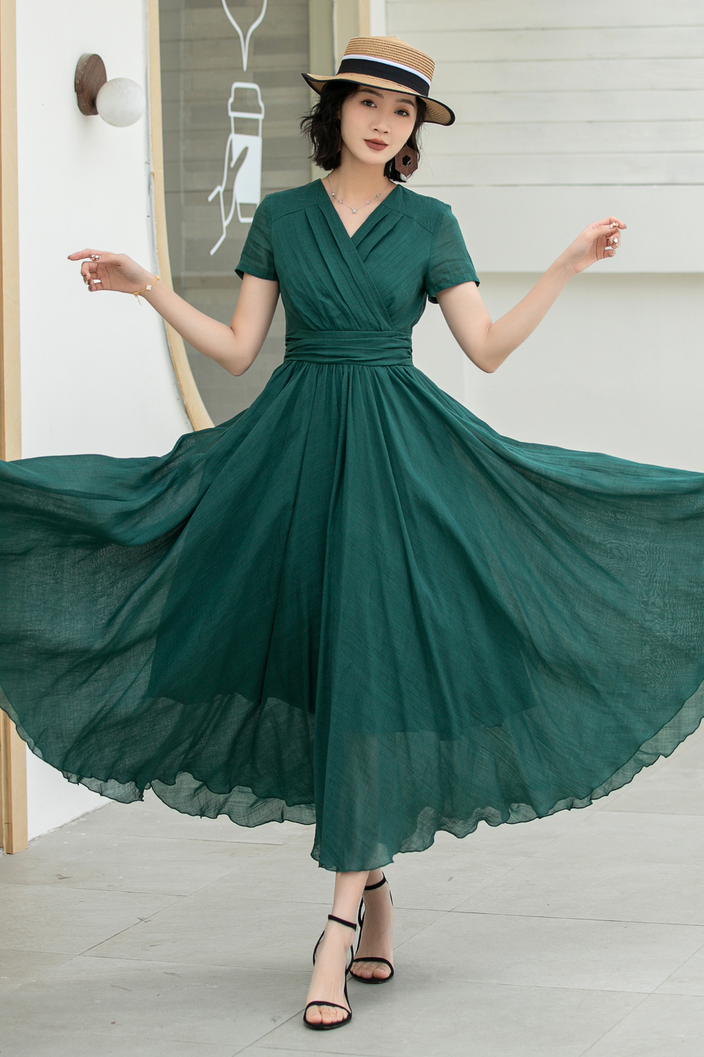 Green Maxi Pleated linen dress 5832