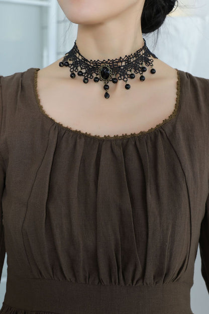 Brown Linen Midi Dress - A-Line Silhouette with Long Sleeves 5515