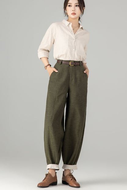 Army Green Linen Baggy Pants - Loose Fit, Ankle Length 5703