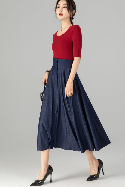 Navy Cotton Denim Midi Skirt - High Waist A-Line Button Front 5713