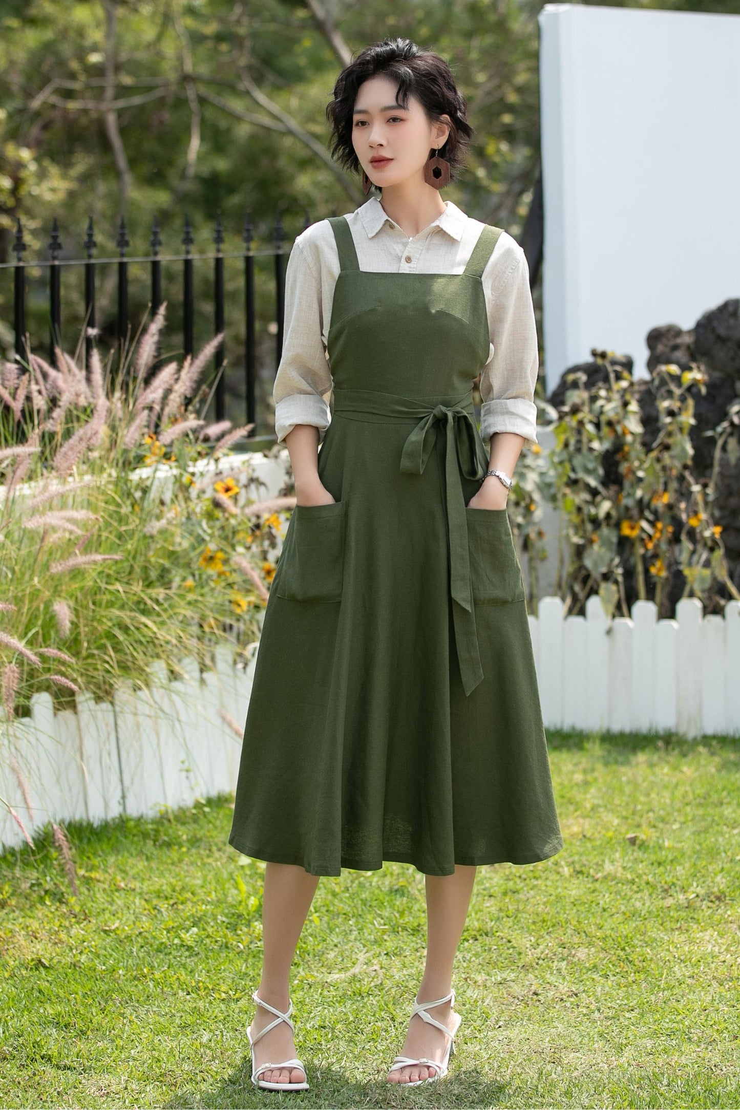 Olive Linen Cotton Pinafore Dress - Midi Fit Flare | Xiaolizi 6745