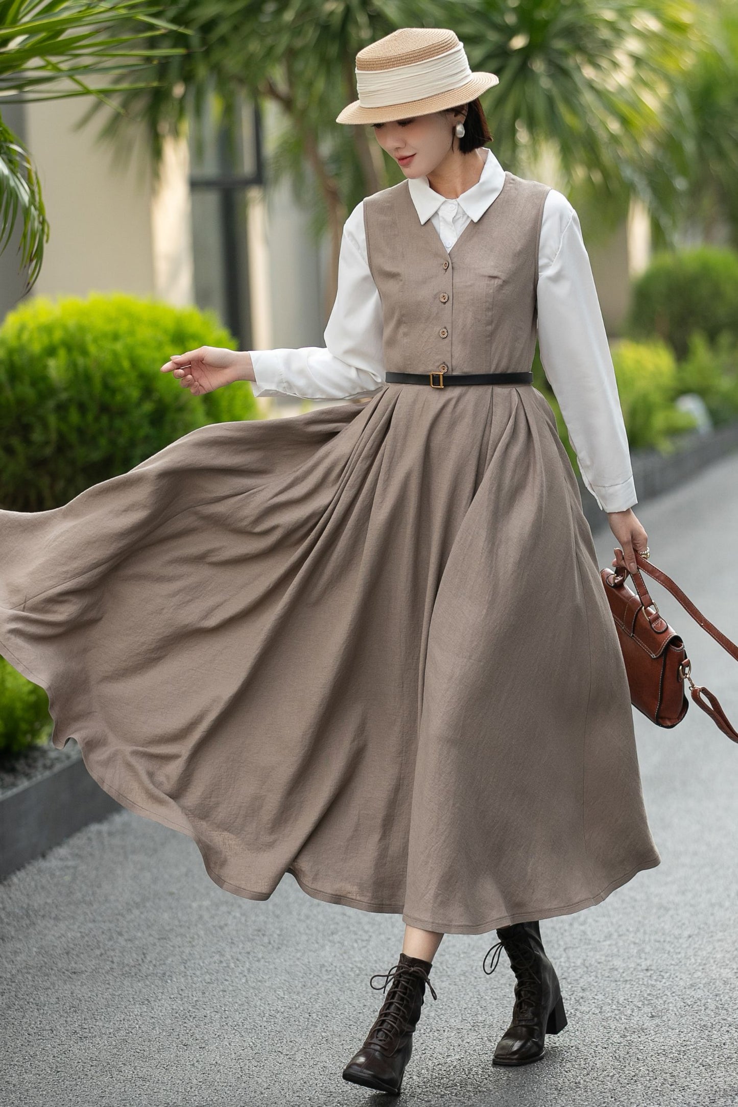 Handmade Linen Cotton Pinafore Midi Dress – Vintage Sleeveless Layering Dress 6657