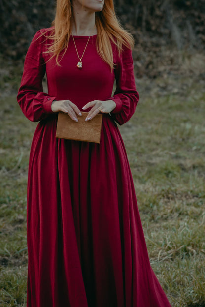 Burgundy Linen Cotton Maxi Dress - Pleated Waist & Lantern Sleeves 5105