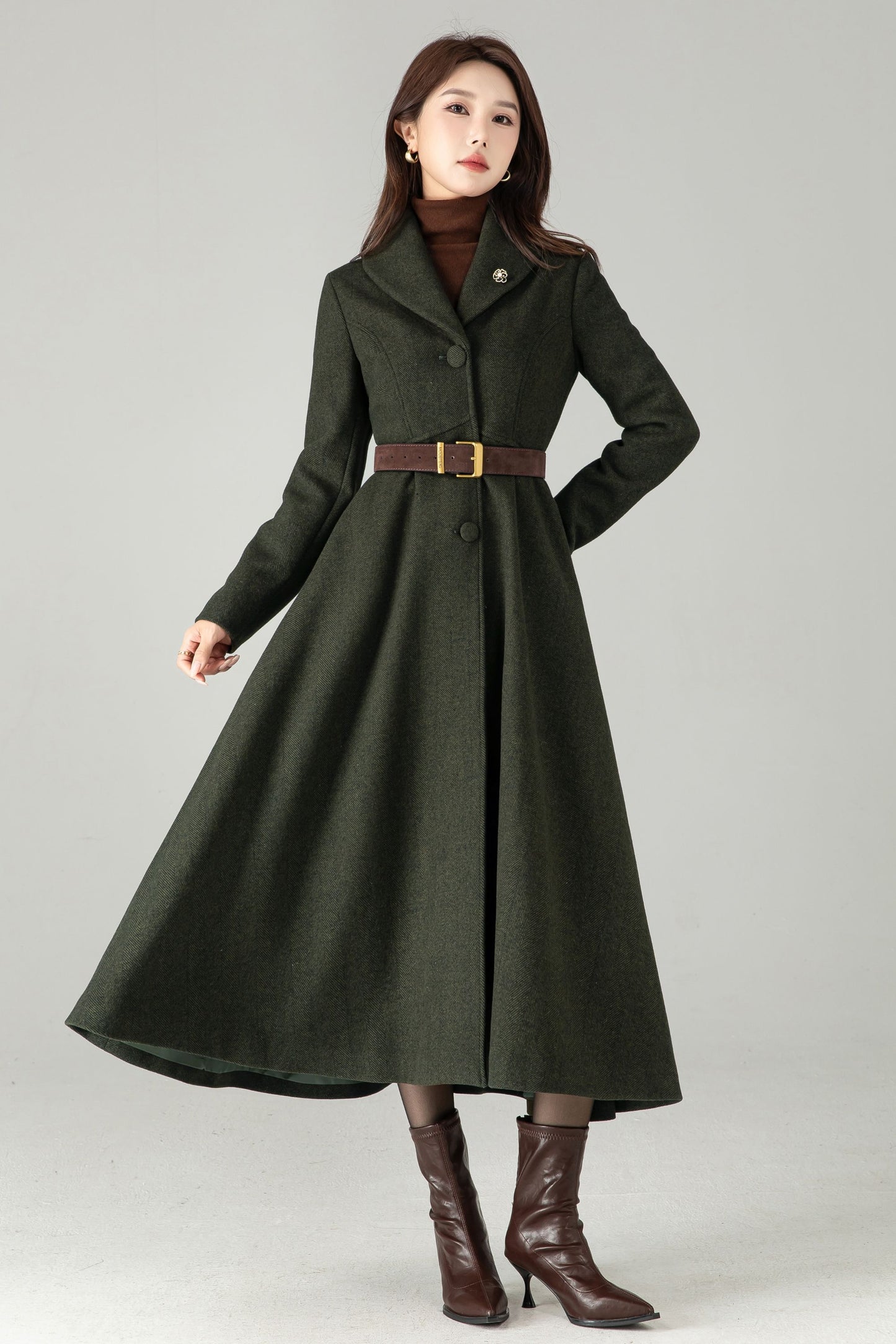 Army Green Herringbone Wool Coat – Elegant A-Line Maxi Winter Coat | Xiaolizi 6574