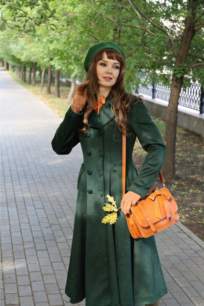 Vintage Green Wool Coat – Elegant Double-Breasted Fit and Flare Winter Overcoat 3155