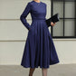 Blue swing winter wool dress women 6506