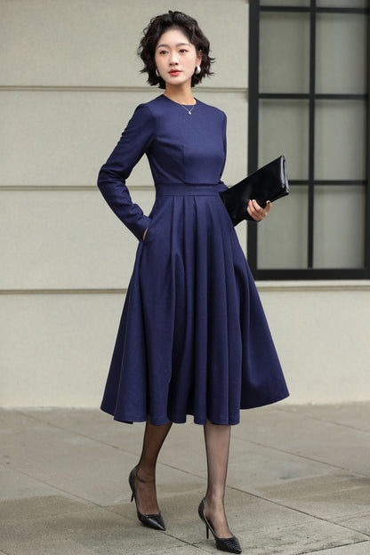 Blue Wool Midi Dress - Swing Fit & Flare Silhouette 6506