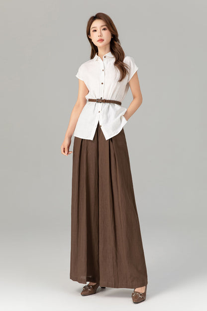 Brown Linen Wide Leg Pants - High Waisted Pleated Detail 4918