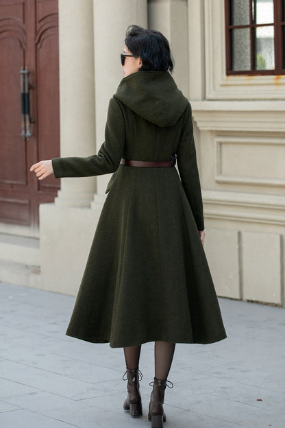 British Vintage Military Style Hooded Wool Coat for Women – Army Green Winter Overcoat 5461