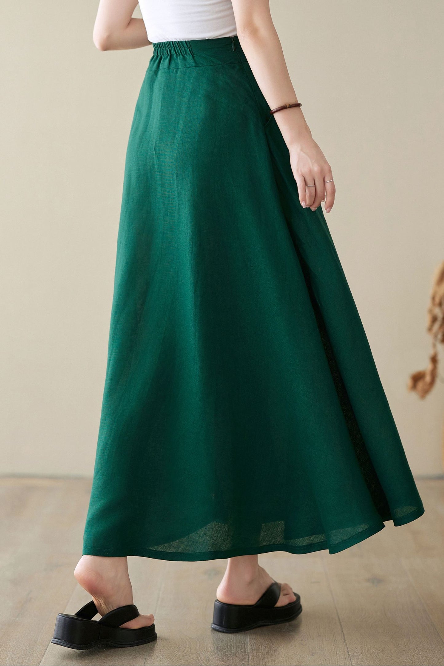 Green Linen Maxi Skirt with pockets 4974