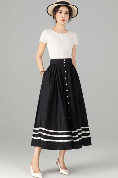 Stylish Button-Up Linen Skirt with Striped Hem 5712 -XS #CK2500362