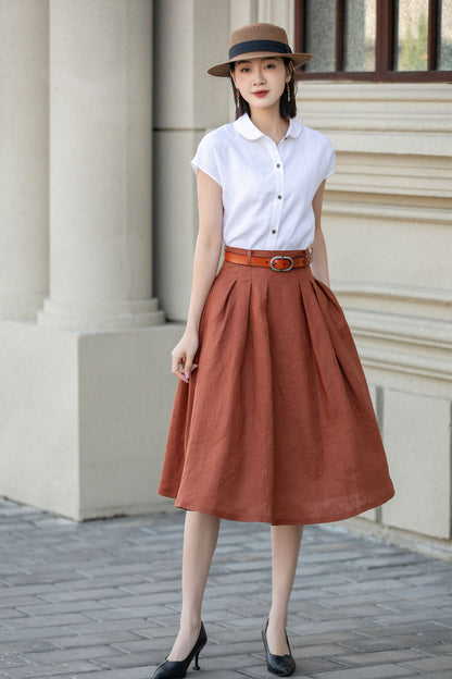 Rust Linen A-Line Midi Skirt - Pleated, Flowy Silhouette 4904