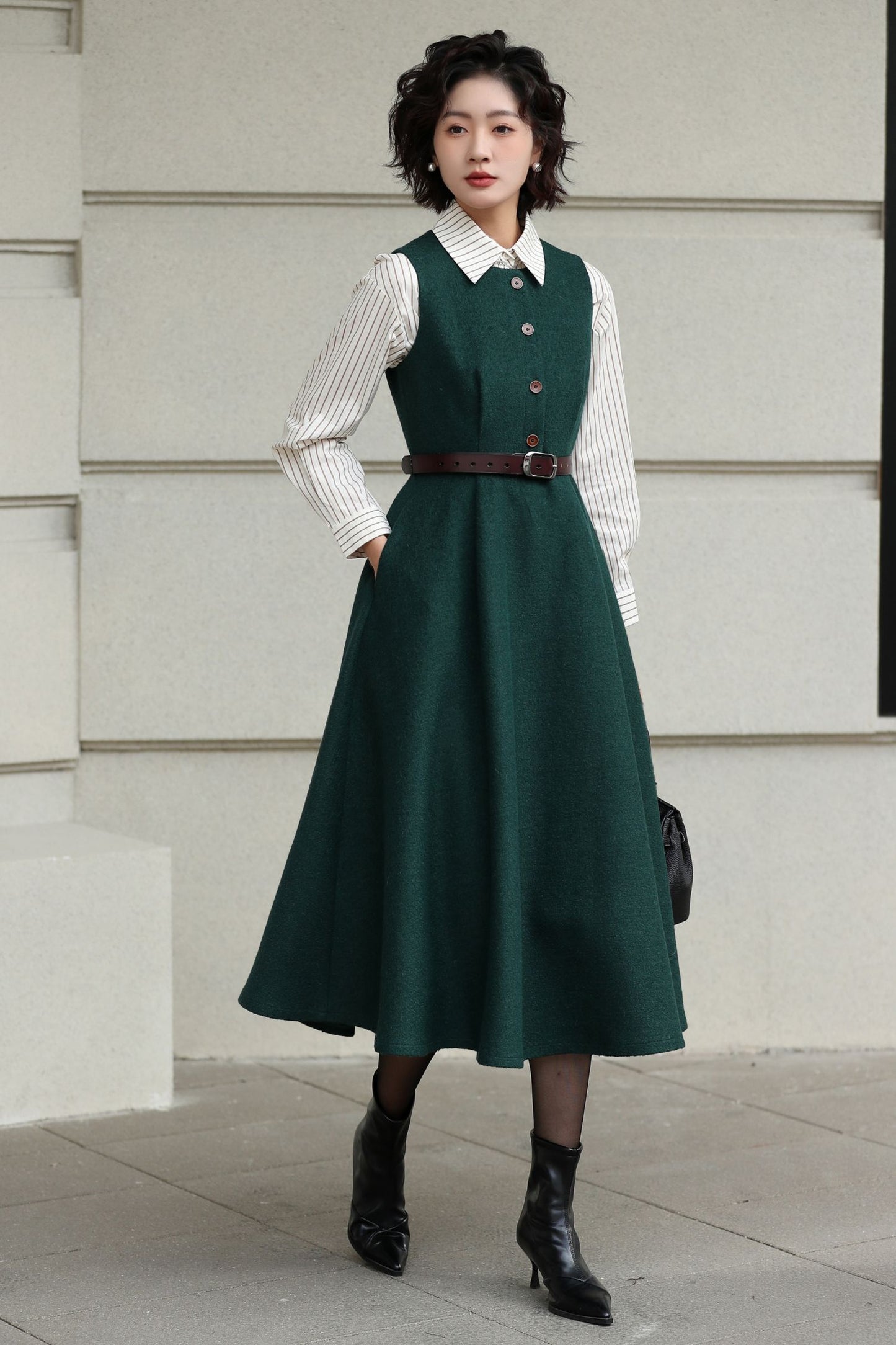 Handmade Vintage Wool Dress – Green Sleeveless A-Line Midi Winter Dress 6615