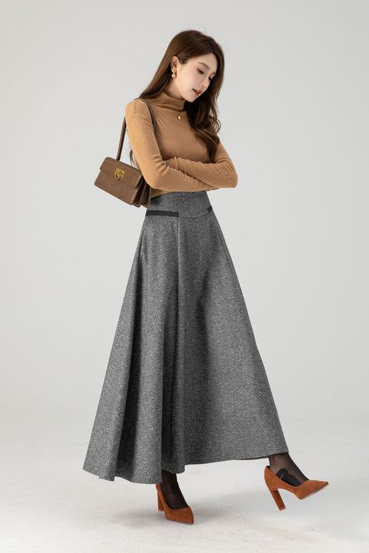 Grey Wool Blend Maxi Skirt With Flared A-Line Shape | Xiaolizi 5388