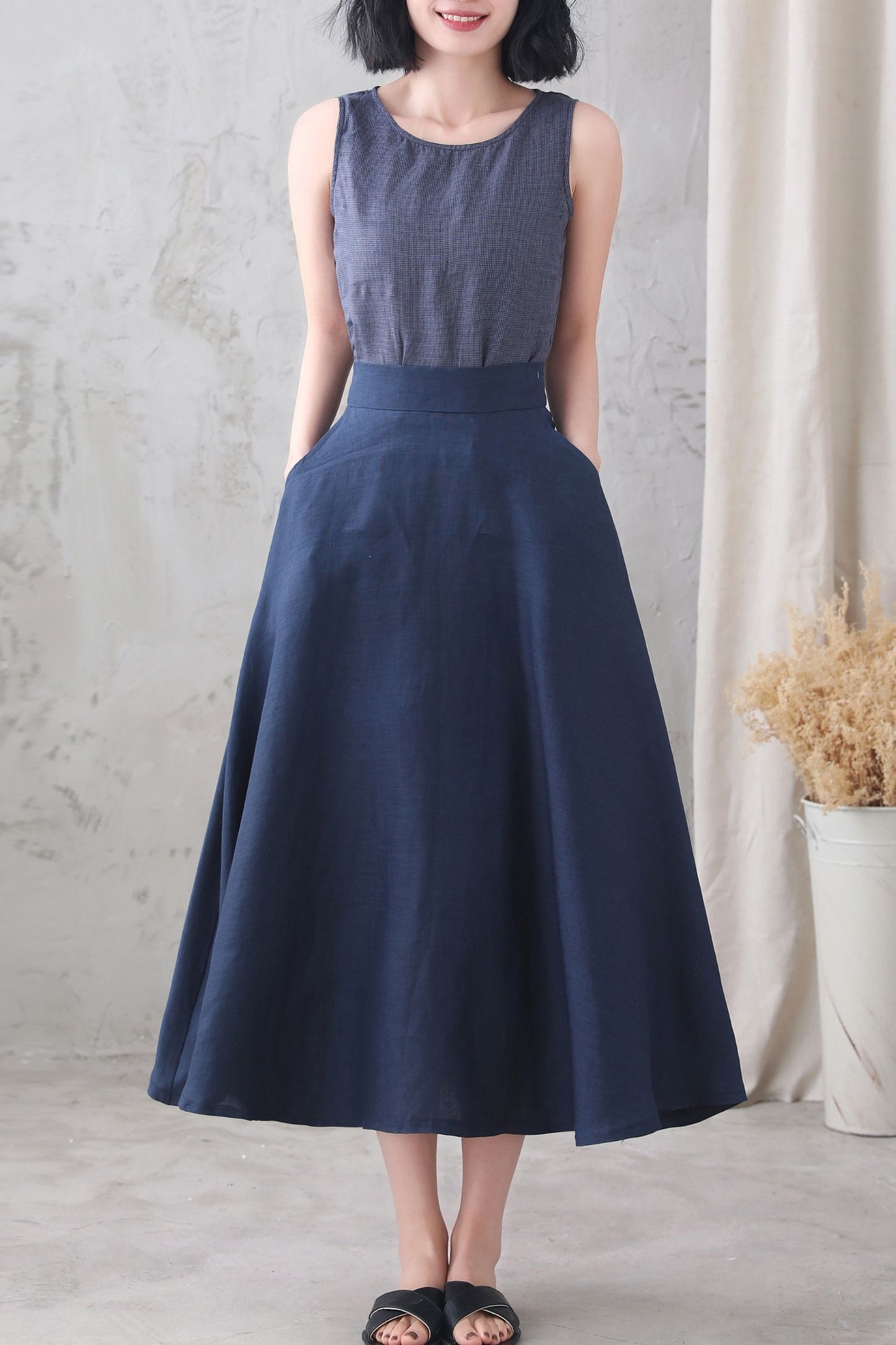 Dark Blue High Waist A Line Elastic Waist Linen Skirt 3339