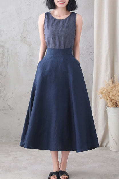 Dark Blue High Waist A Line Elastic Waist Linen Skirt 3339