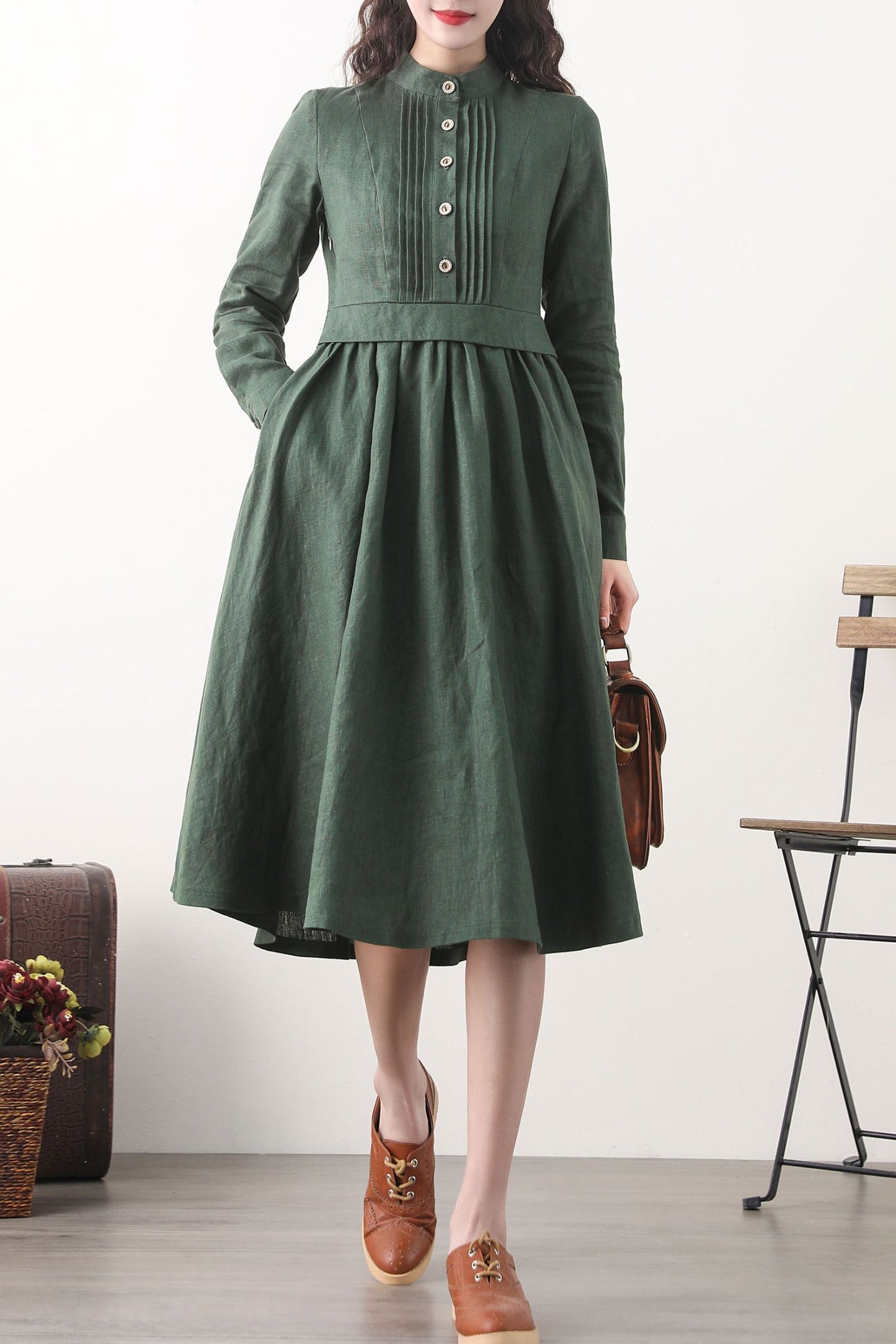 Midi green linen swing spring dresses 2576