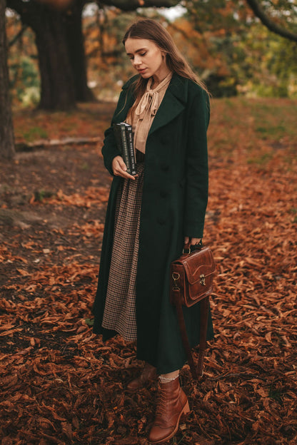 Army Green Wool Maxi Coat - Pleated Flare Double Breasted 3160