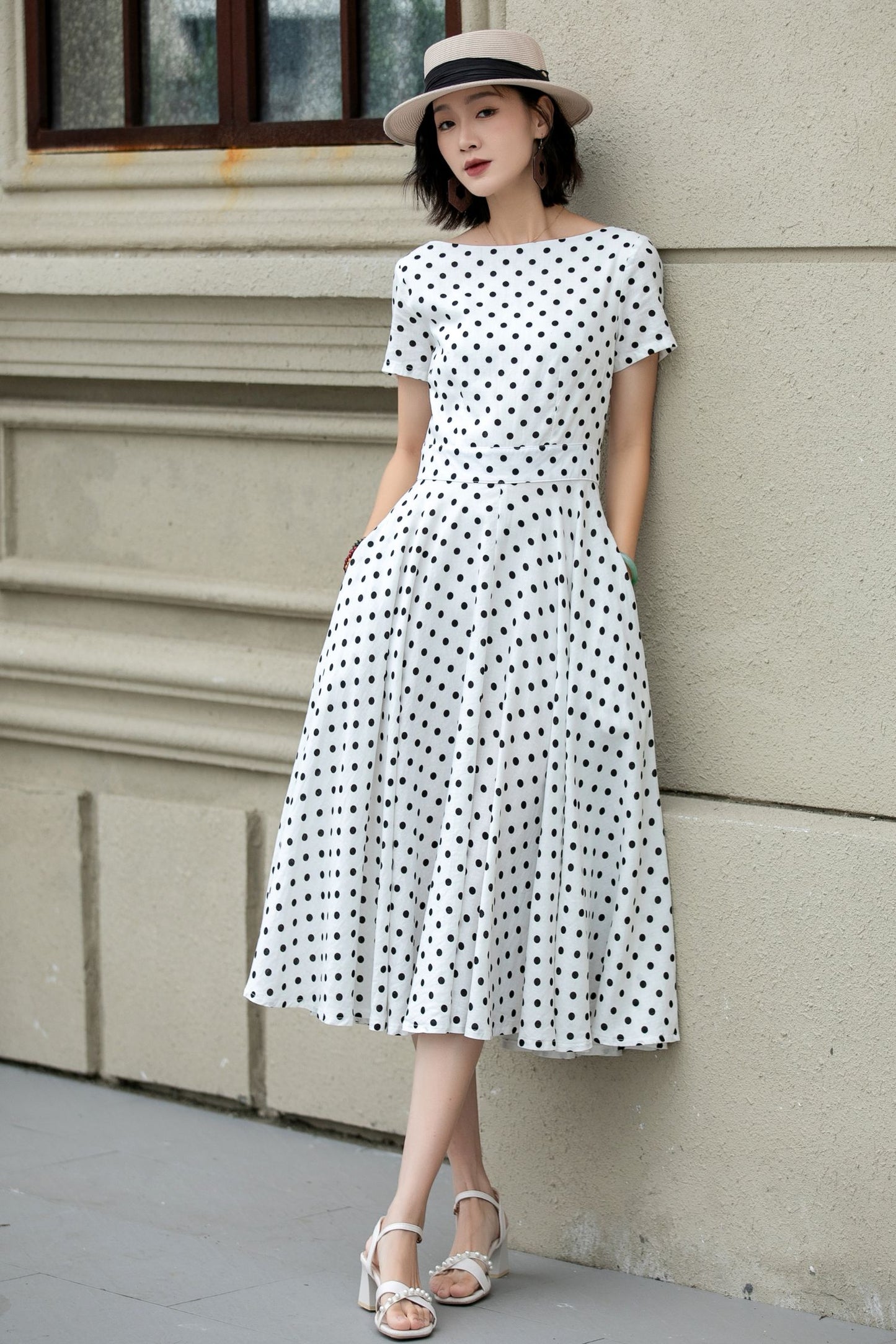 Black and white polka dot summer linen dress 5225