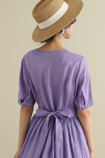 Button up purple midi linen dresses 2796
