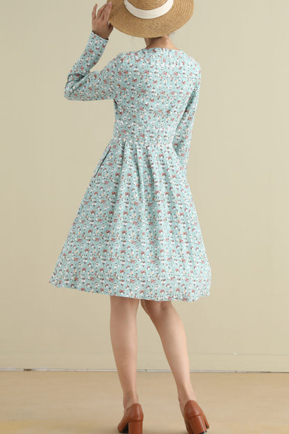 Floral Linen Knee-Length Dress - Long Sleeve, Round Neck 2795